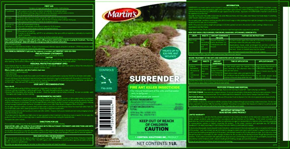 Control Solutions Surrender Fire Ant being applied with an outdoor spreader for treated areas.