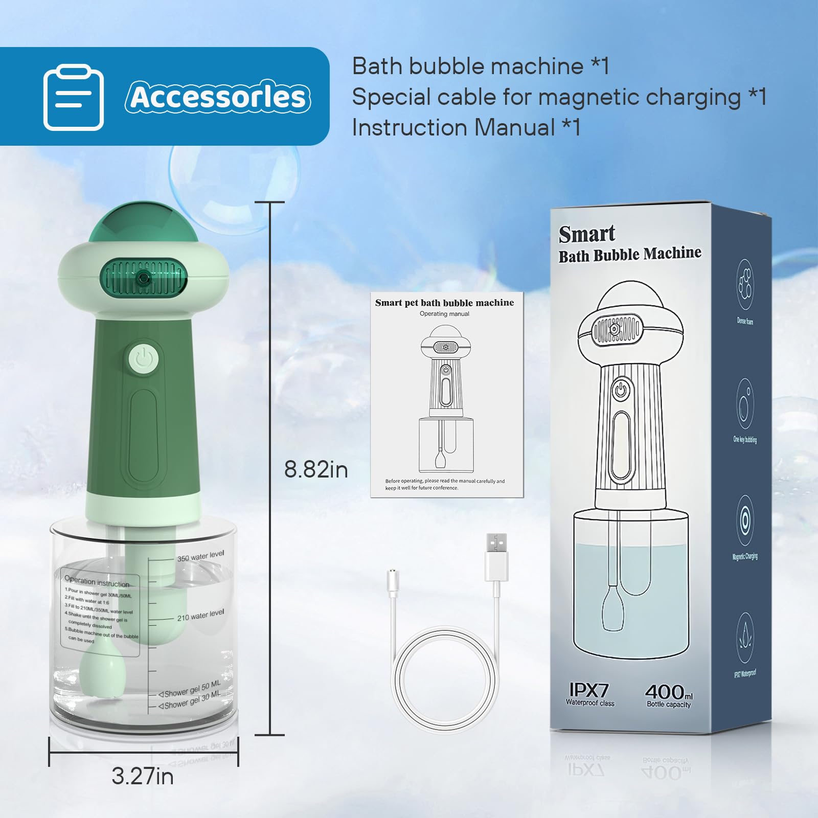 Coocake pet bath dispenser in use bubbles visible during rinse