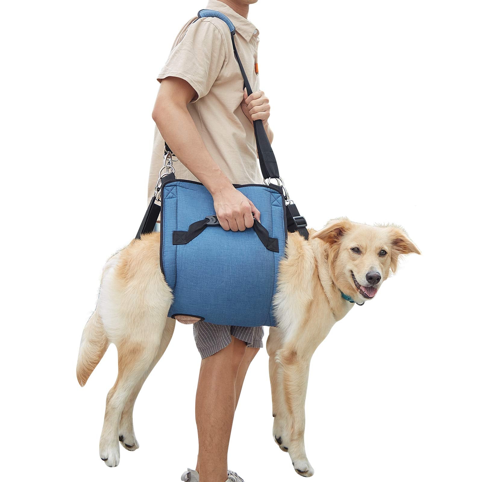 Coodeo dog carry sling front view showing easy lift for stairs and car access.