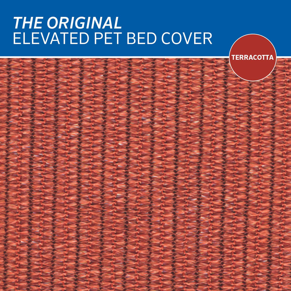 Terracotta Coolaroo cover for elevated pet bed, suitable for indoor or outdoor use