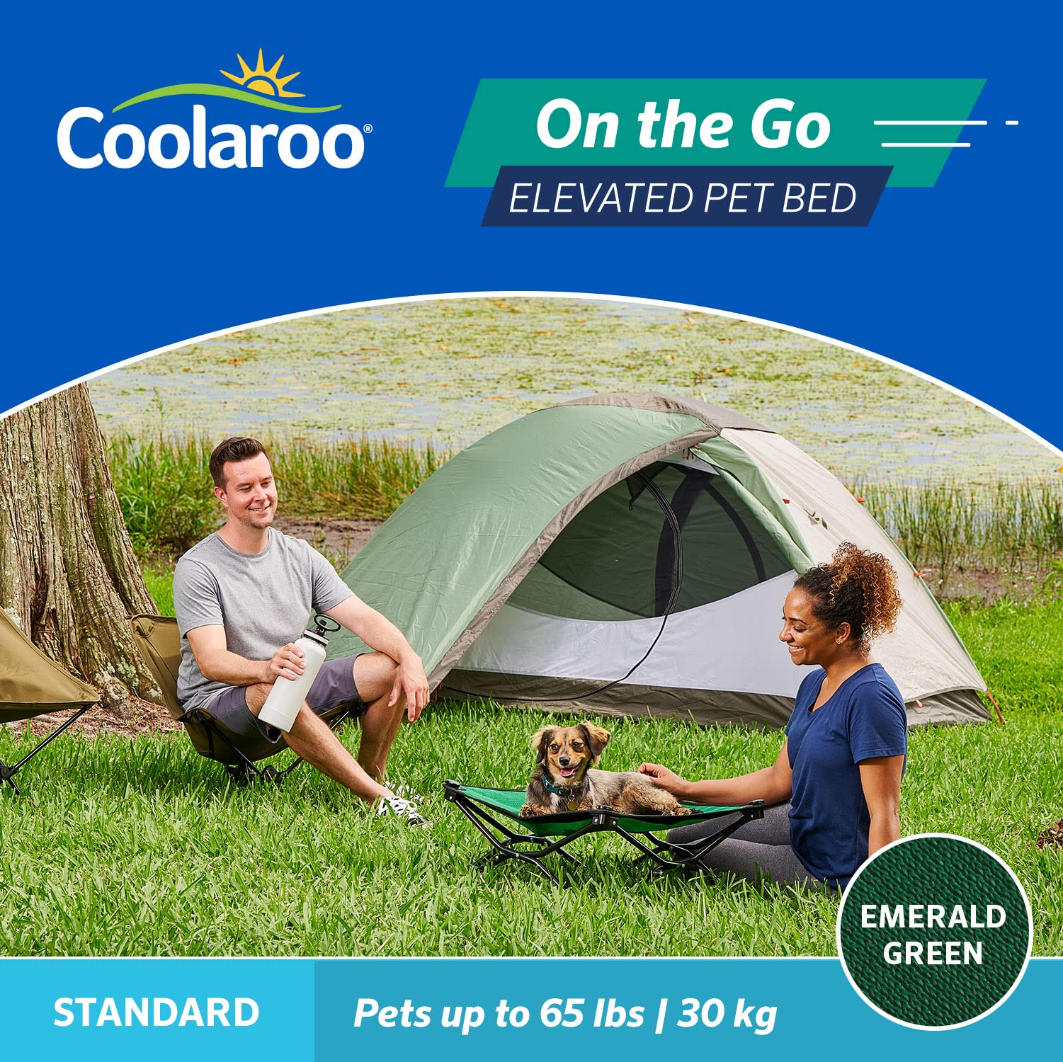 Coolaroo On-The-Go elevated dog bed featuring an elevated frame for cooling relief on uneven surfaces.