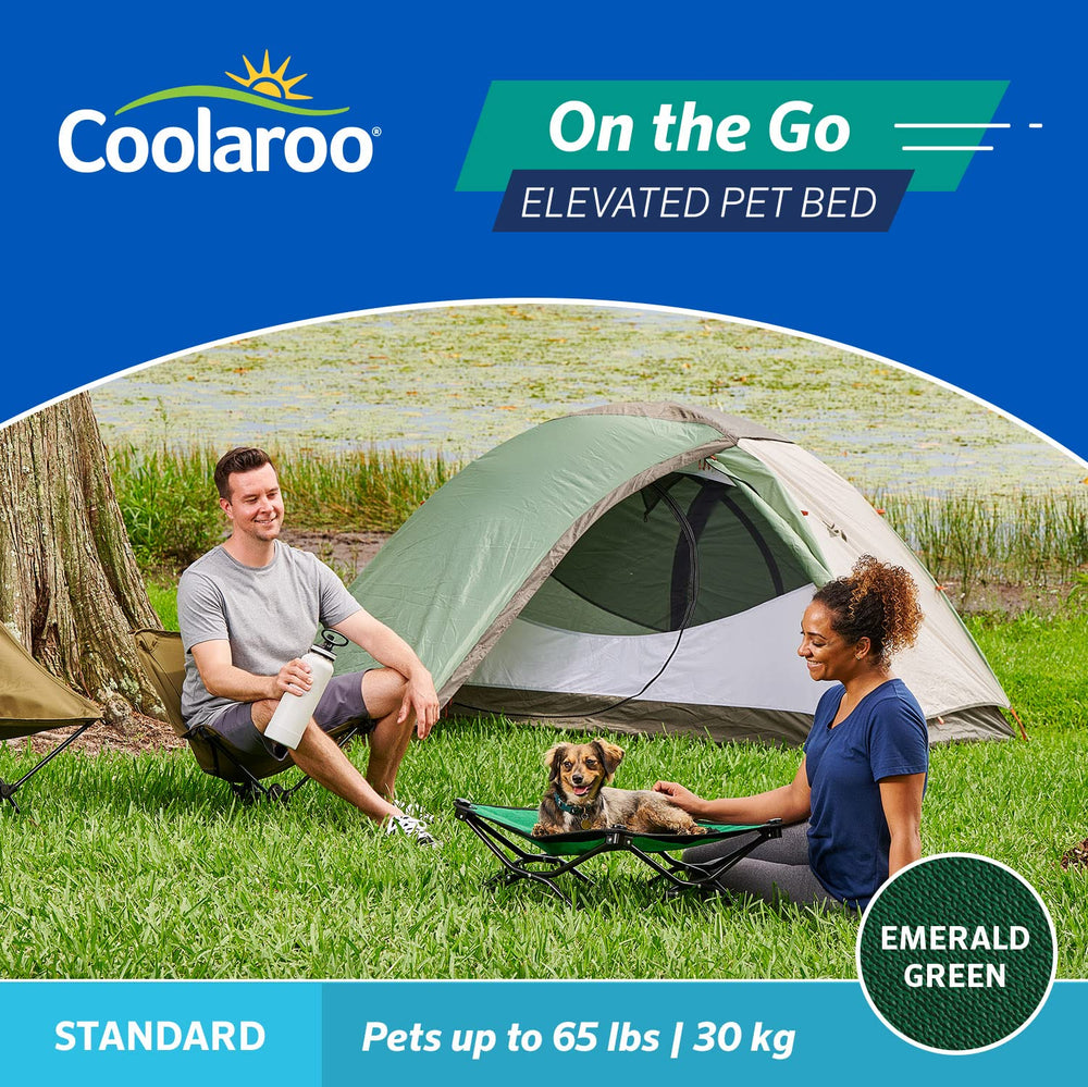 Coolaroo On-The-Go elevated dog bed featuring an elevated frame for cooling relief on uneven surfaces.