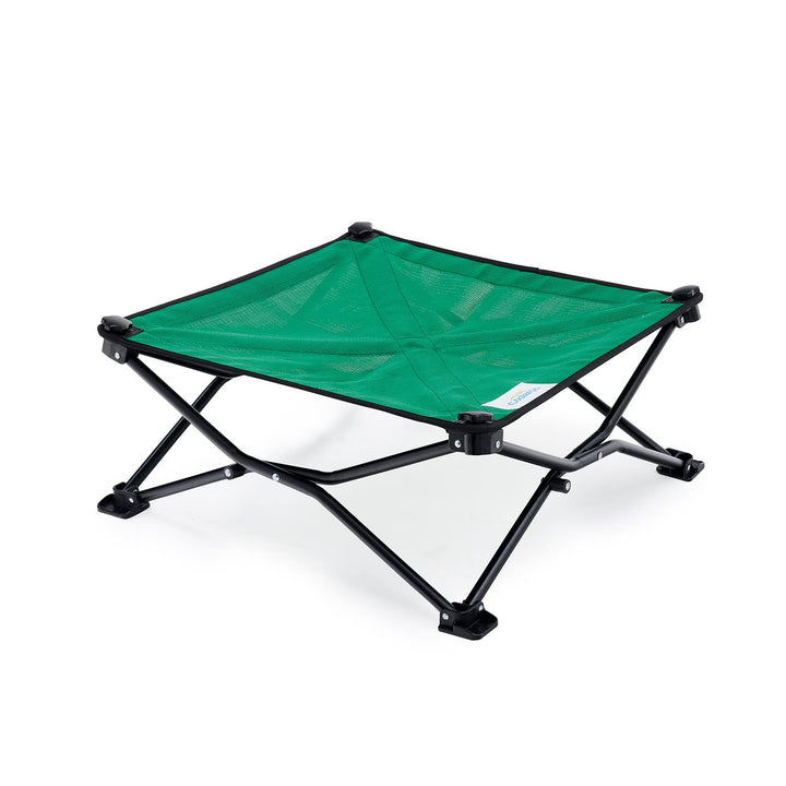 Coolaroo On-The-Go elevated dog bed folded for compact travel and storage.