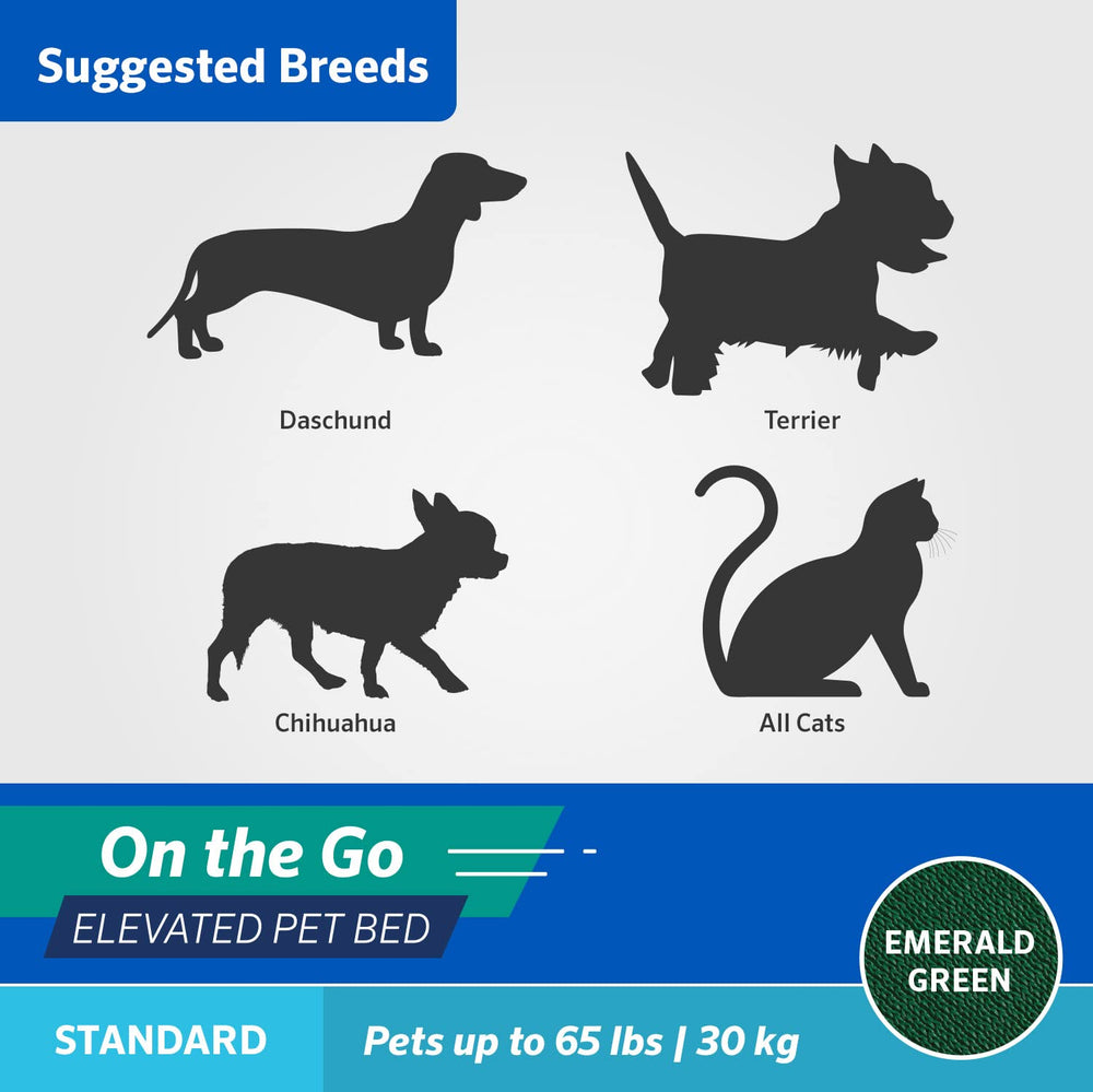 Coolaroo On-The-Go elevated dog bed with moisture-resistant fabric for easy cleaning after damp trips.
