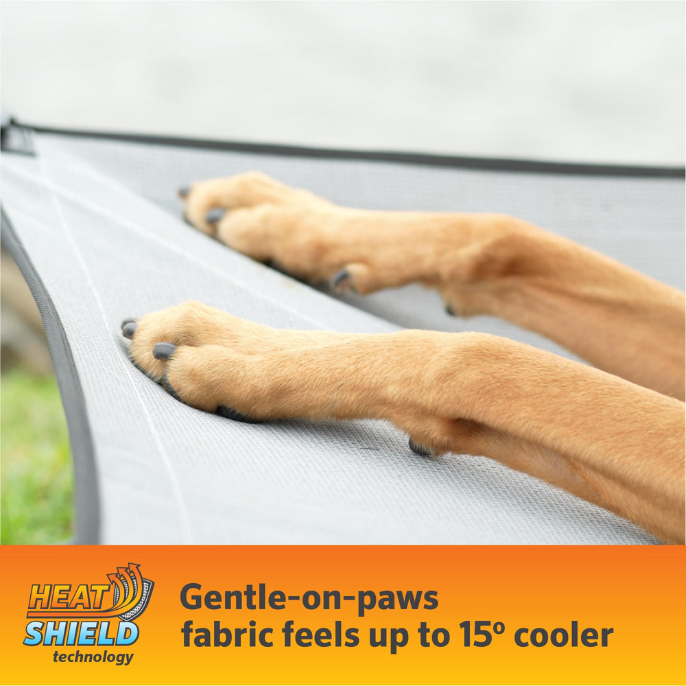 Coolaroo HeatShield fabric blocks sun heat, keeping your dog cooler during sunny adventures.