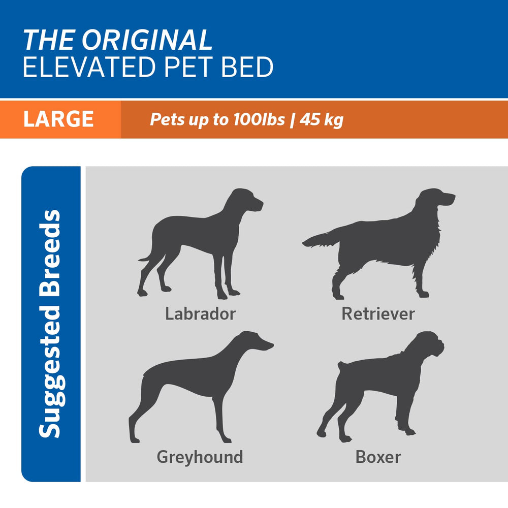 Large grey bed offers ample lounging space for big dogs.