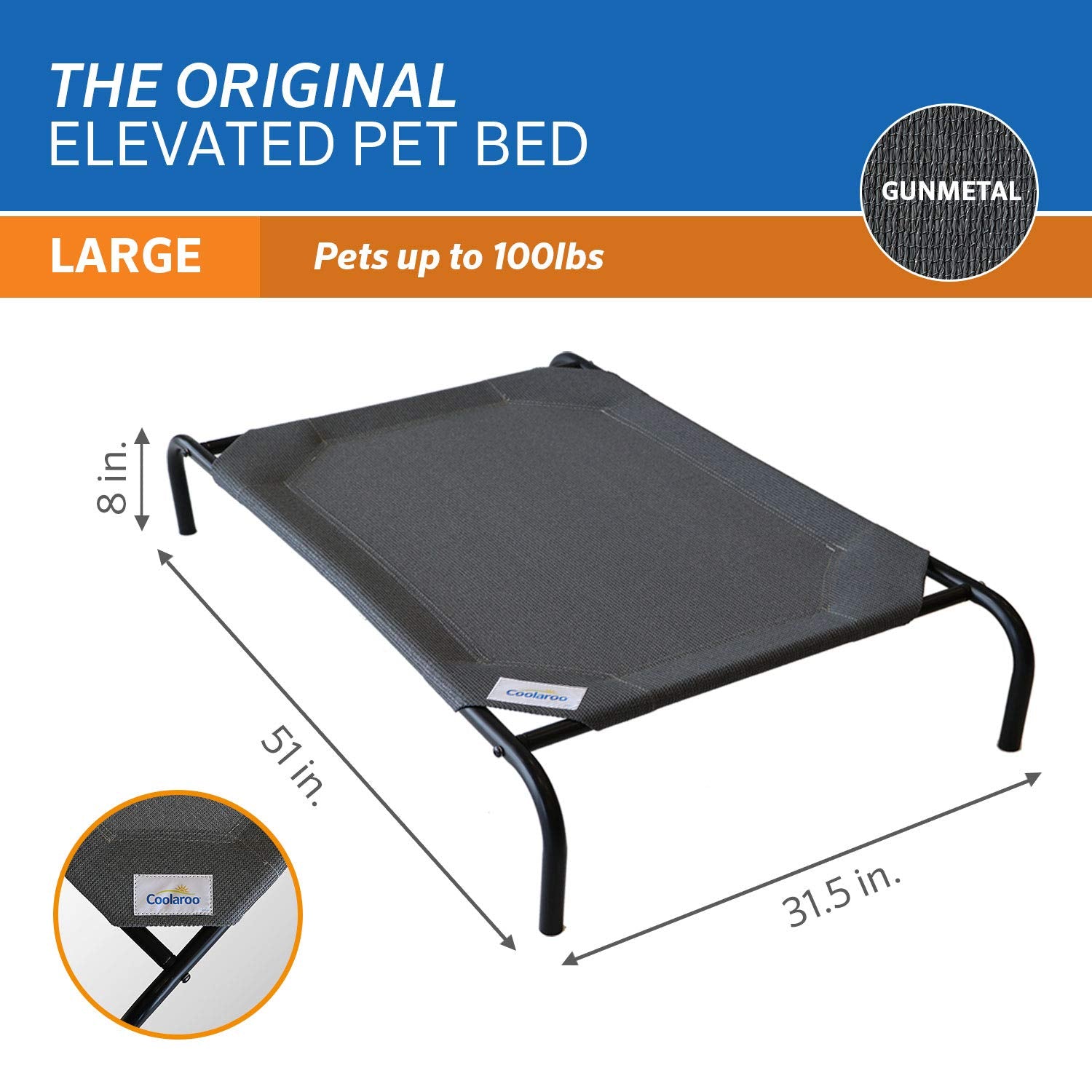 Coolaroo Original elevated dog bed with moisture-resistant HDPE fabric stays dry.
