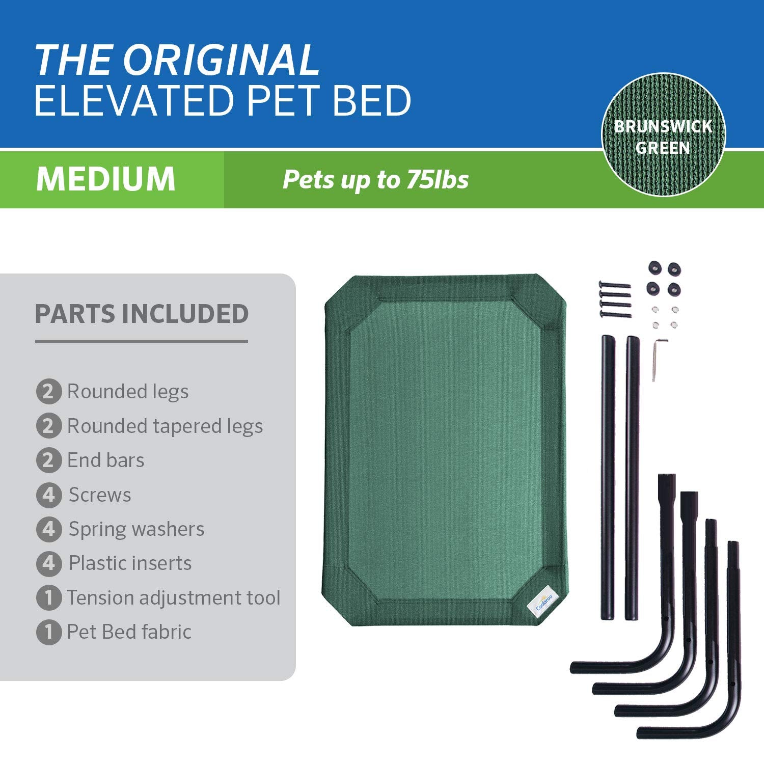 Coolaroo Original Elevated Pet Bed Brunswick Green easy-clean setup with hose-off capability.
