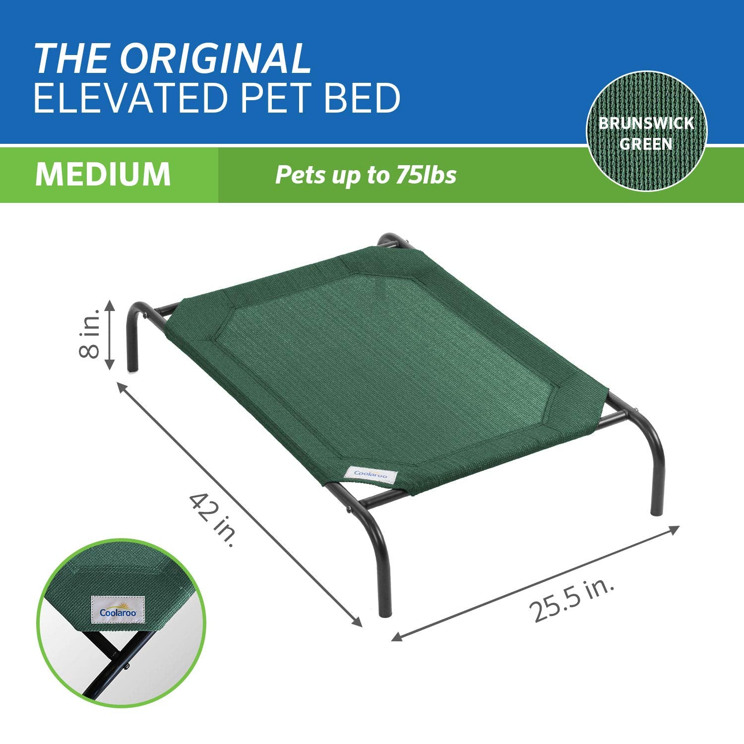 Coolaroo Original Elevated Pet Bed Brunswick Green outdoor-use scene for patios and decks.