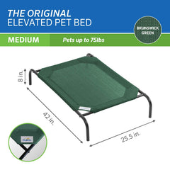 Coolaroo Original Elevated Pet Bed Brunswick Green outdoor-use scene for patios and decks.