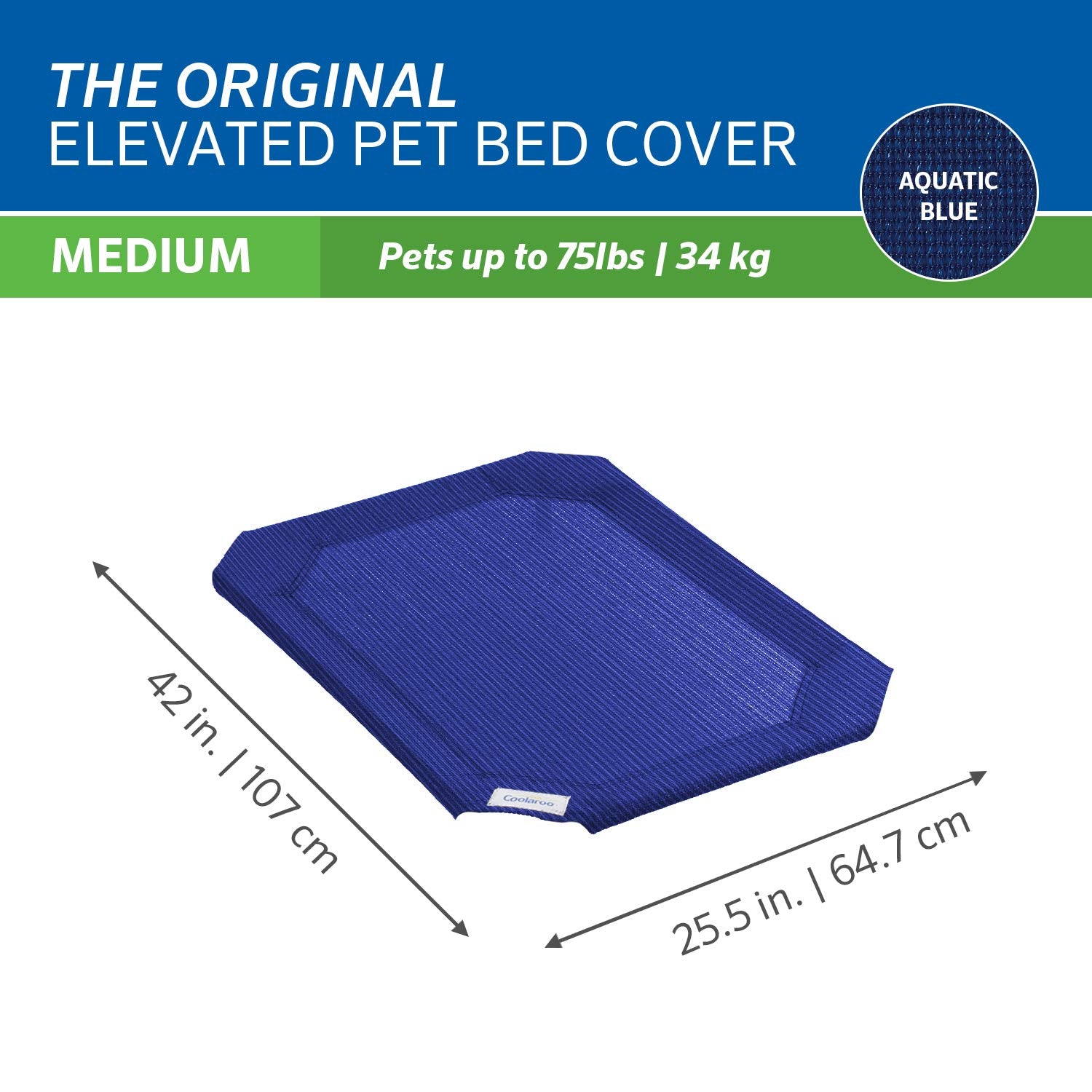 Coolaroo three-sizes option cover mounted on elevated bed, fits various frames.