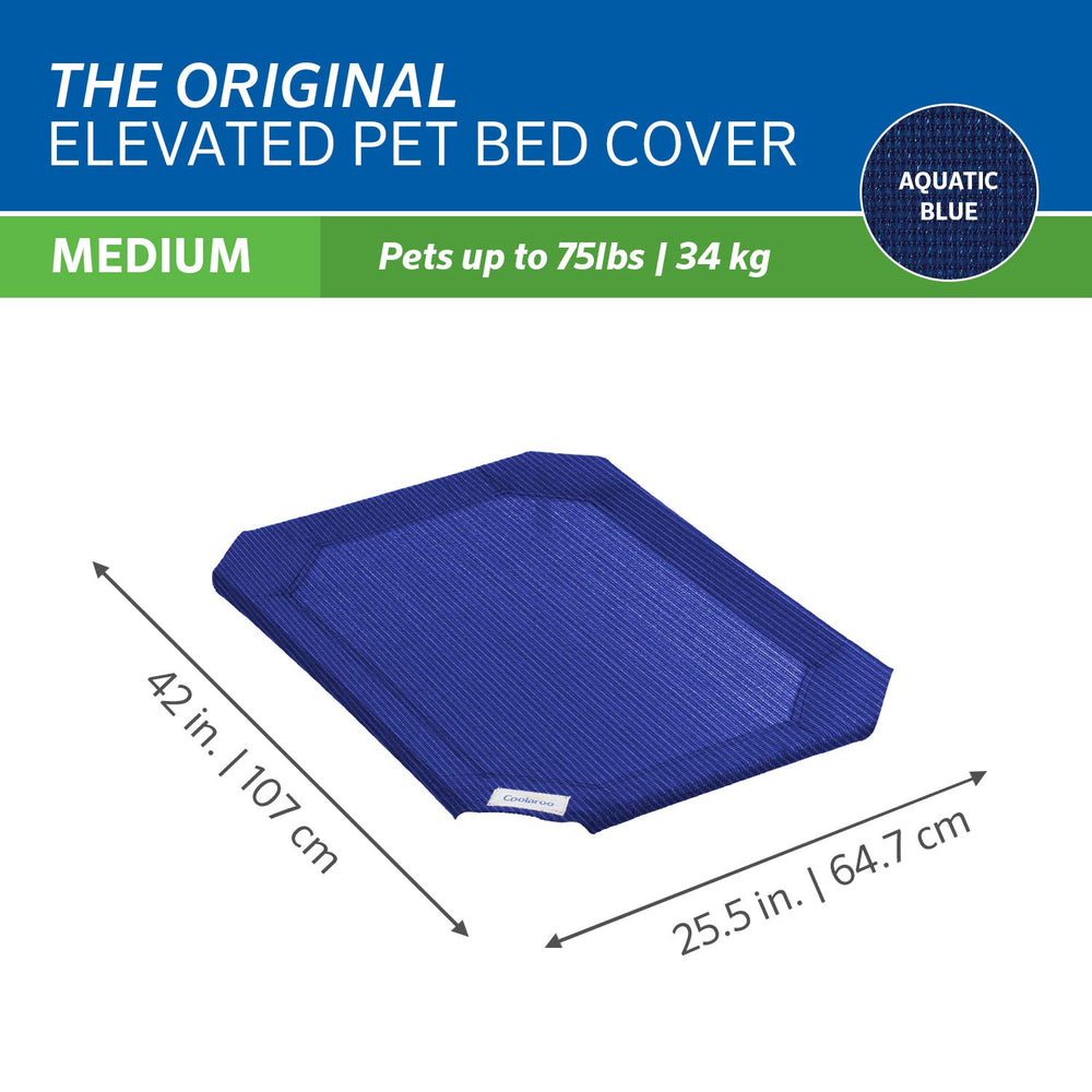 Coolaroo three-sizes option cover mounted on elevated bed, fits various frames.