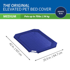 Coolaroo three-sizes option cover mounted on elevated bed, fits various frames.