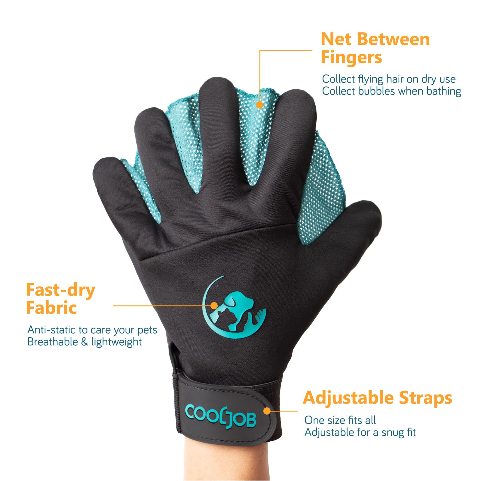 COOLJOB glove highlights durable, machine-washable construction for long-lasting pet care.