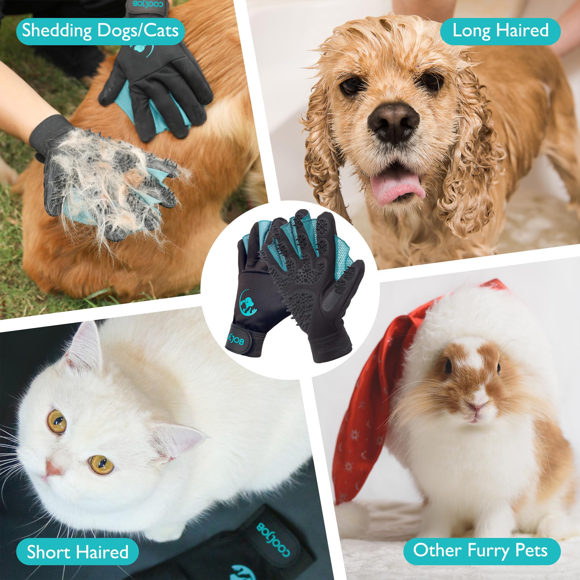 COOLJOB grooming glove suitable for dogs, cats, rabbits, and horses with all coat types.