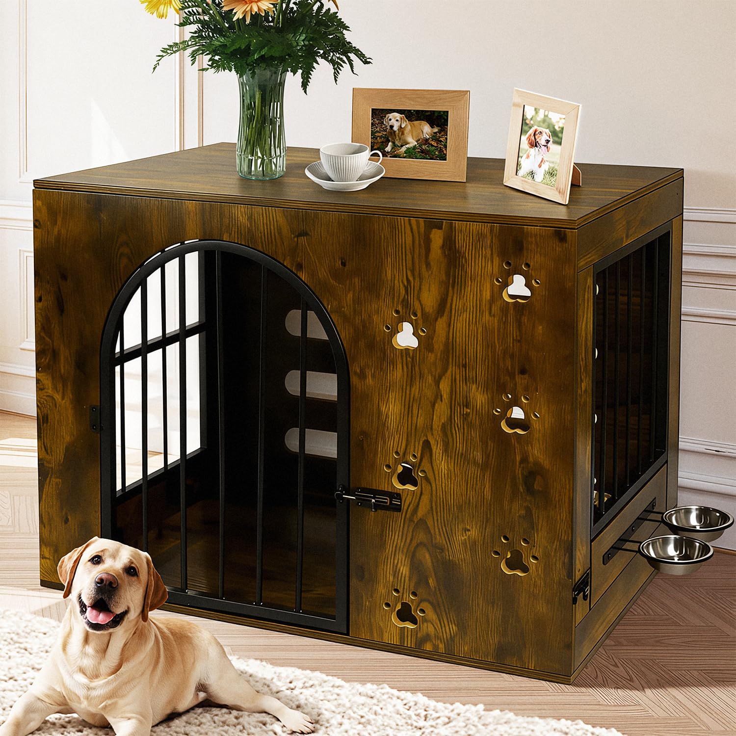 Coolsheepsia dog crate with wooden frame offers sturdy, chew-resistant housing for small to medium dogs.