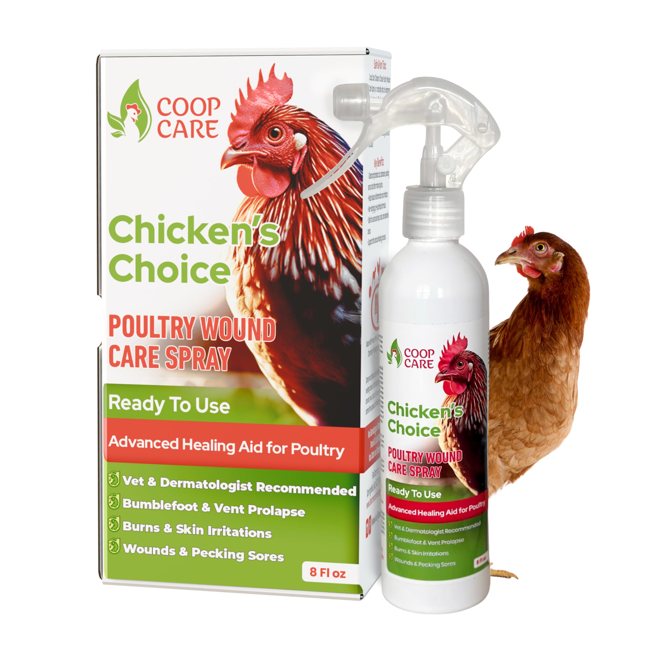 Coop Care Chicken's Choice wound care spray bottle close-up for easy poultry treatment.