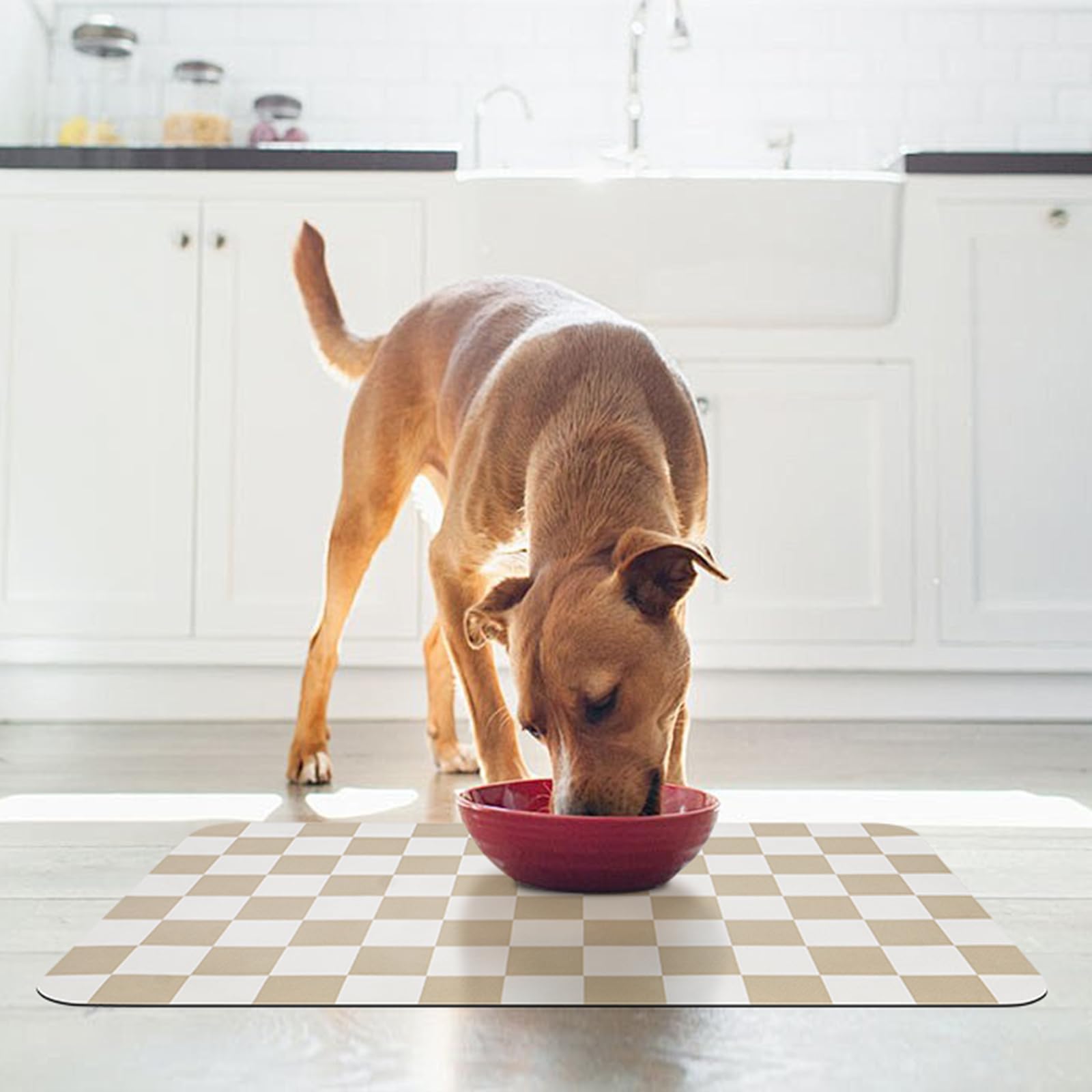 CooRug khaki checkered mat adds neutral style to feeding areas.