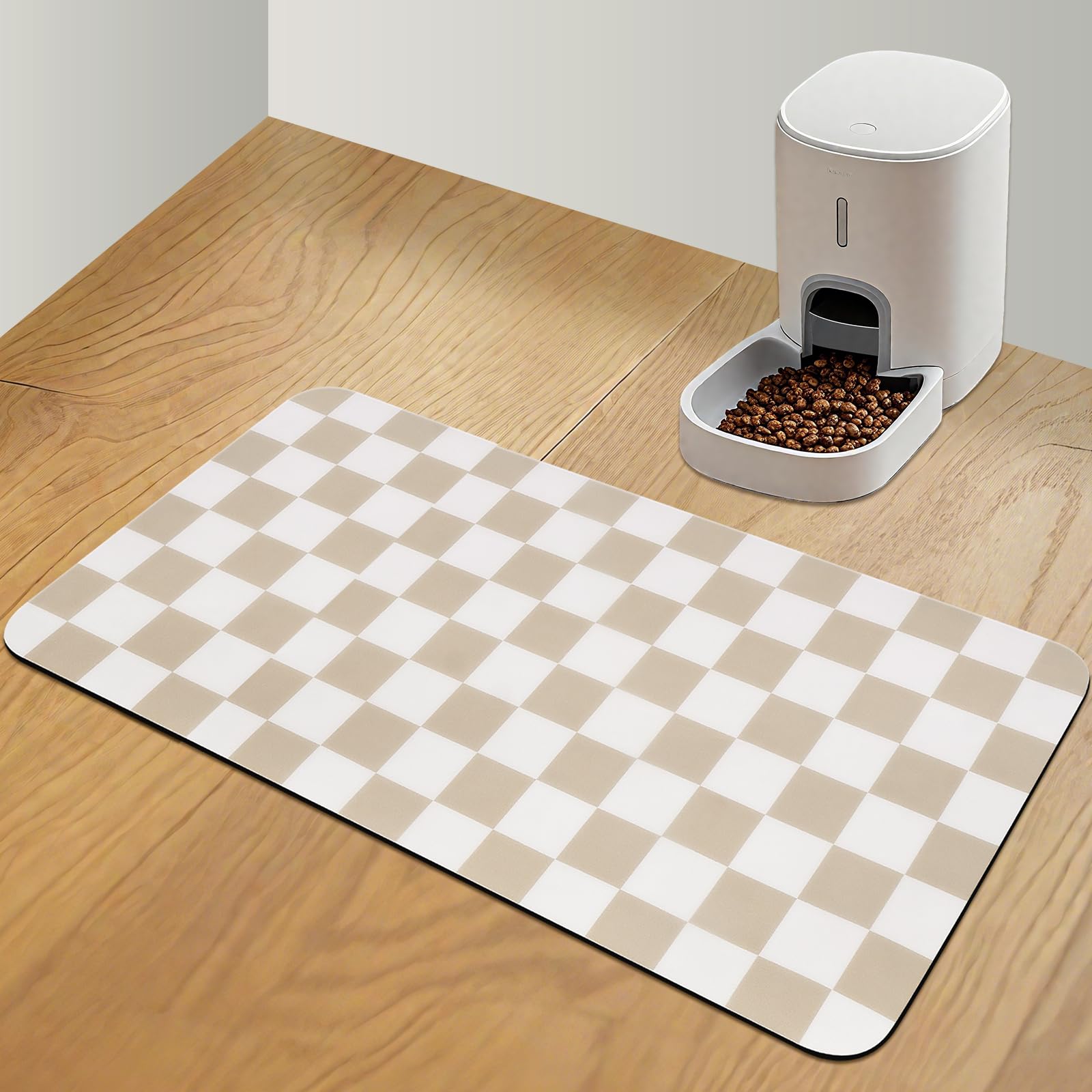 CooRug checkered dog food mat under bowls for a tidy feeding area