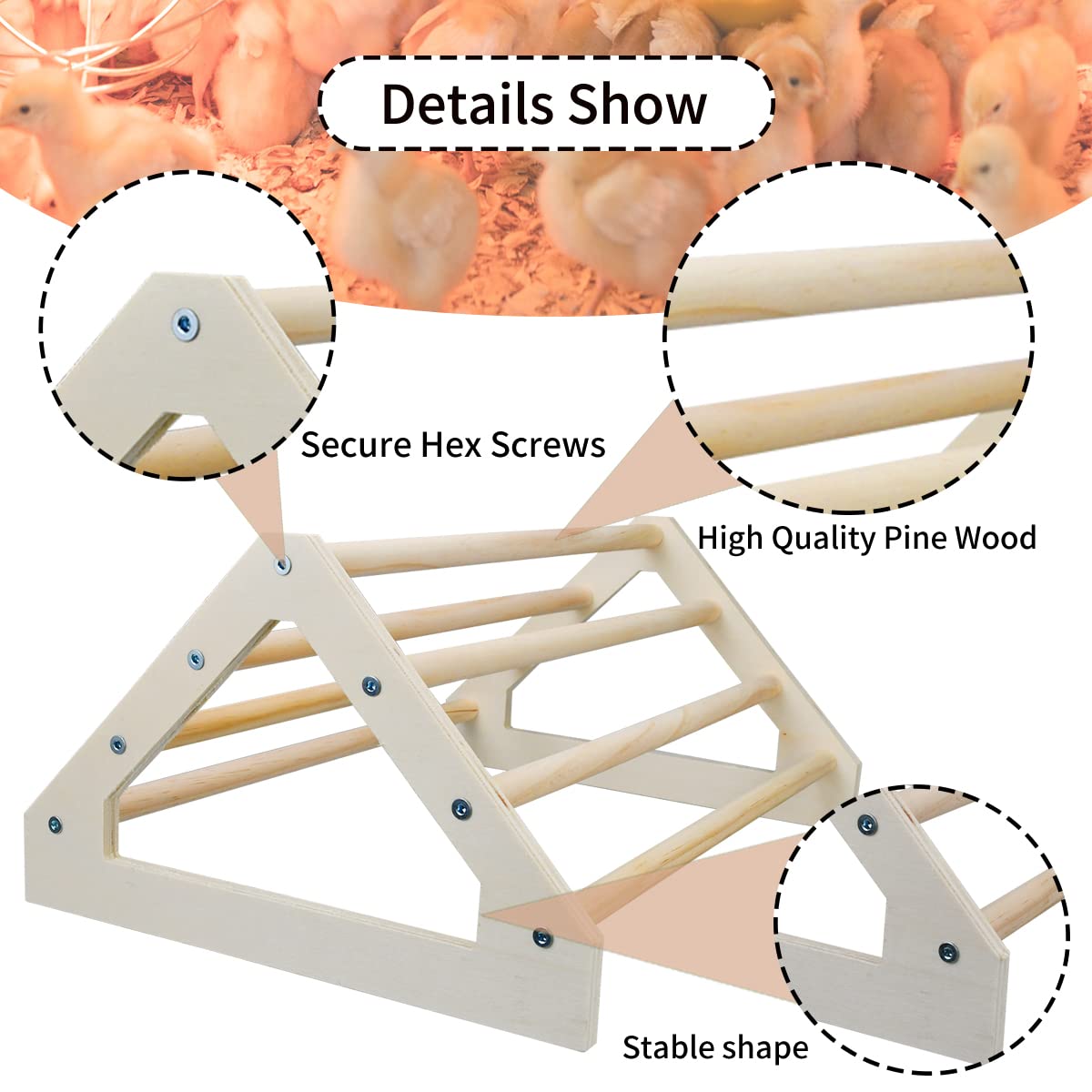 CooShou chick perch wood material close-up highlighting pine durability.