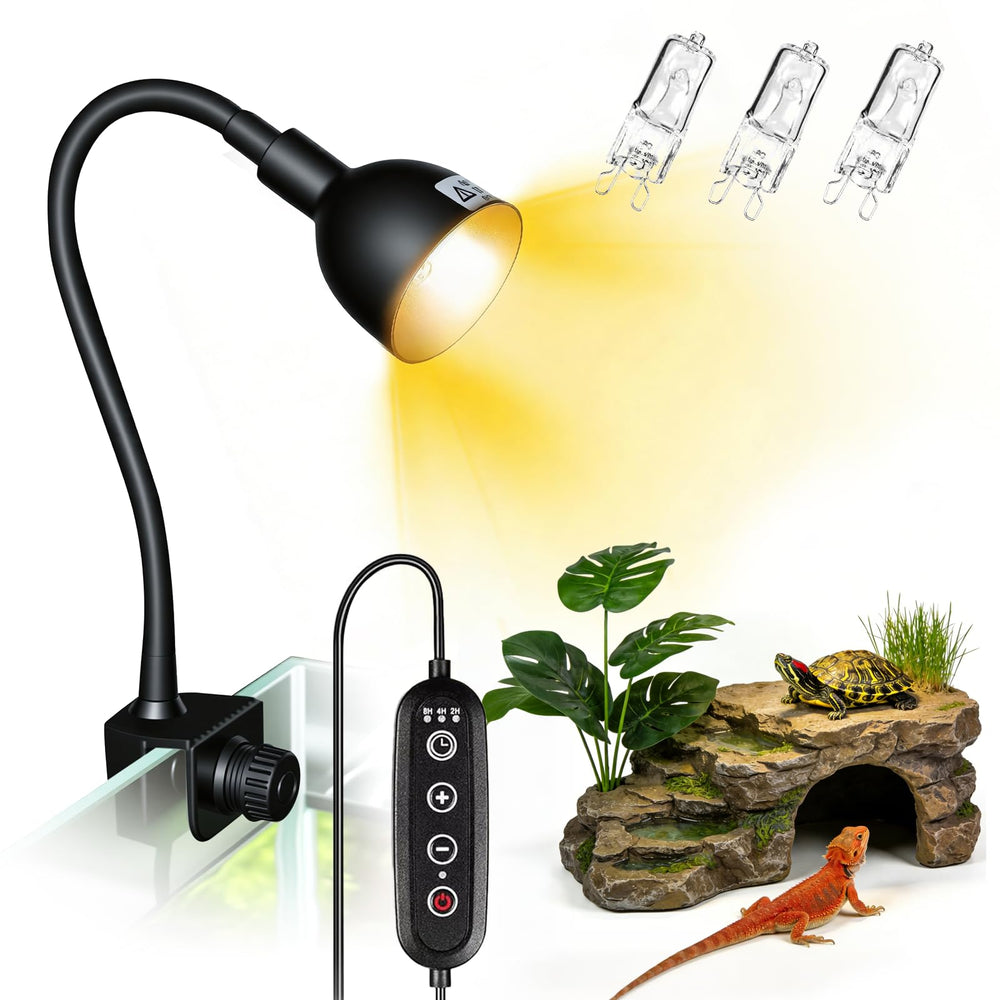 COOSPIDER 50W heat lamp with clip and timer for terrarium warmth.