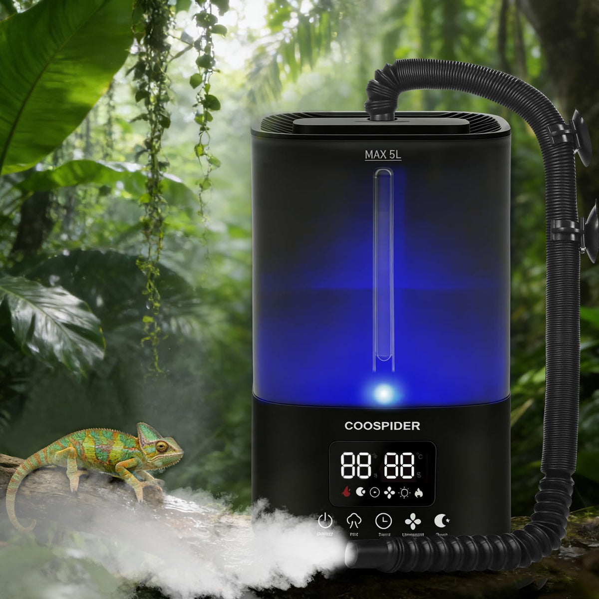COOSPIDER 5L reptile fogger capacity maintaining stable terrarium humidity.