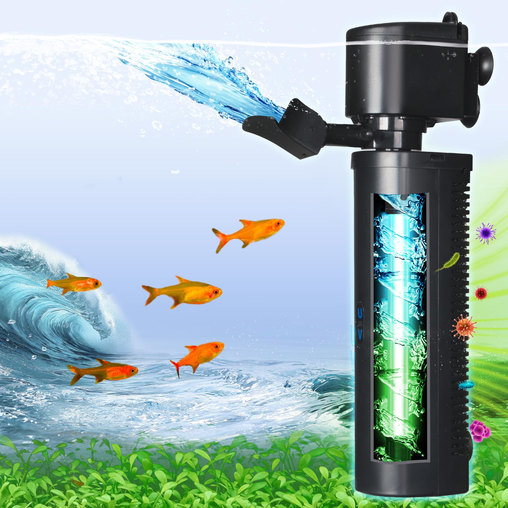 COOSPIDER aquarium filter front view showing compact design for clear water
