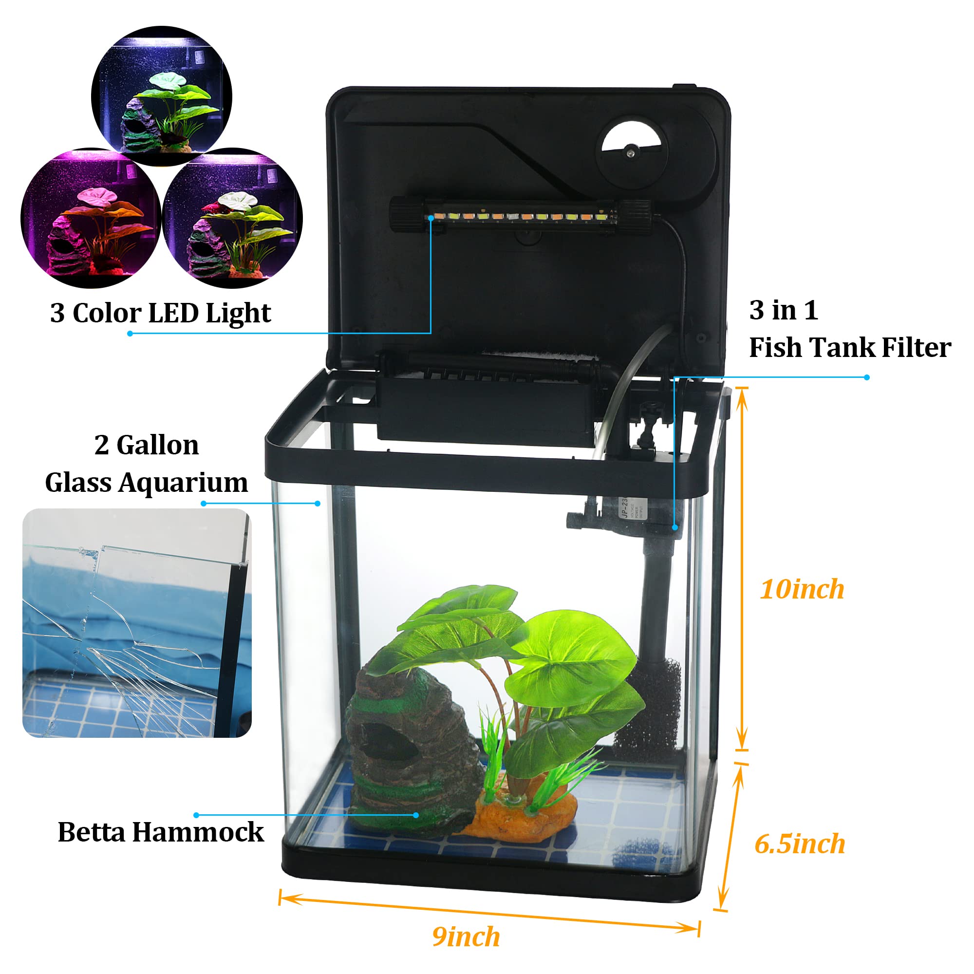 COOSPIDER Betta Tank LED light with 3 colors brightens viewing and accents decor.