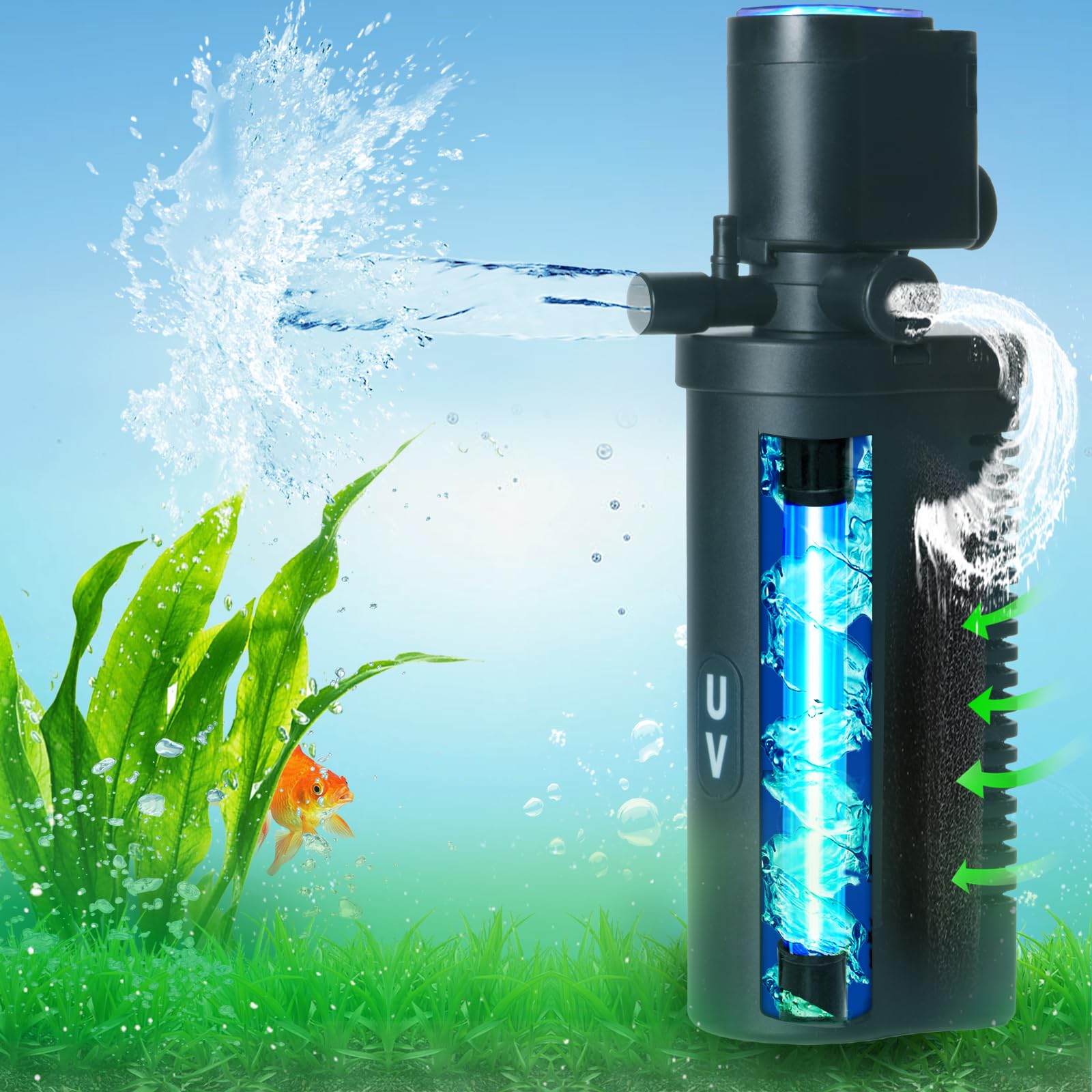 Coospider-Repta 158GPH filter front view; space-saving design for 10–45 gallon tanks.