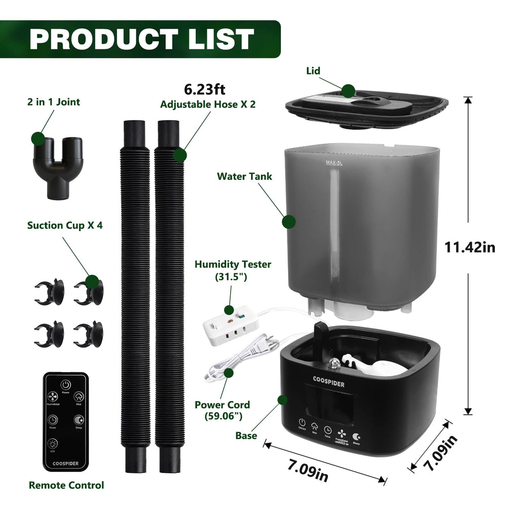 COOSPIDER timer-mist feature schedules humidity for 1–12 hours
