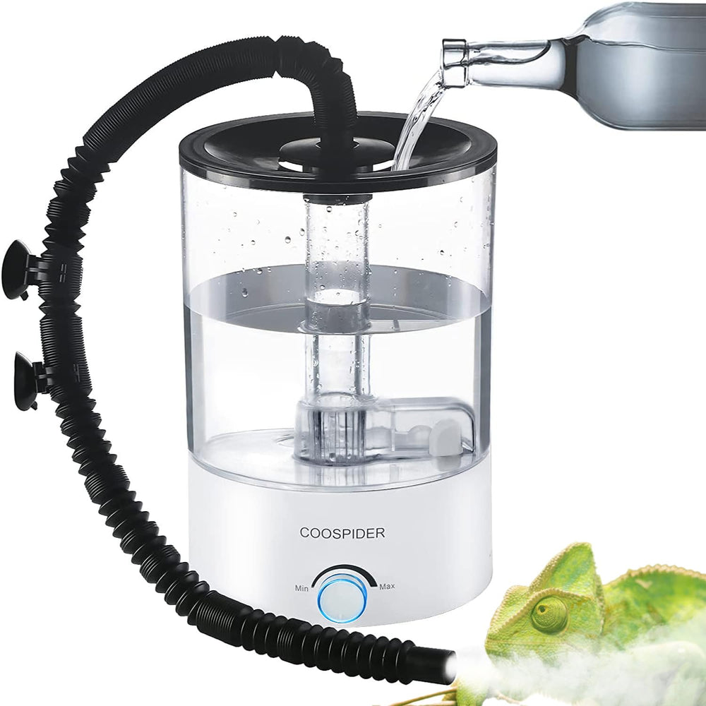 COOSPIDER top-fill design humidifier for easy refills without disturbing reptiles.