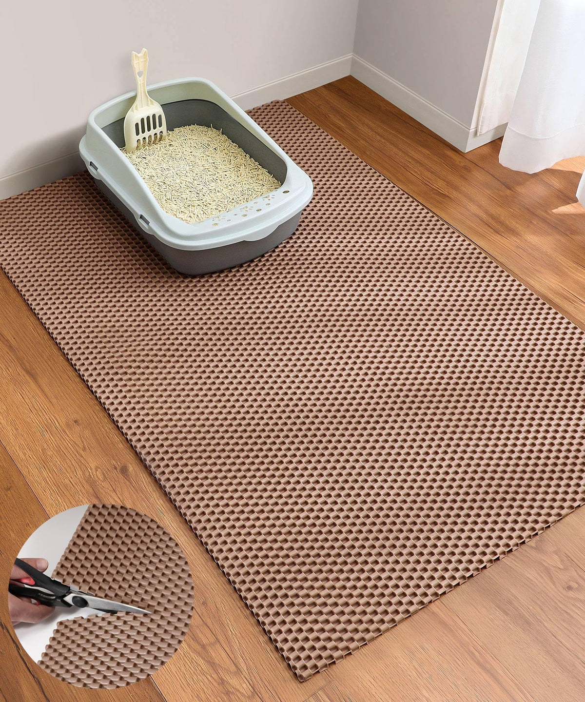 Cooyes cat litter mat cut to fit any space beside the box.
