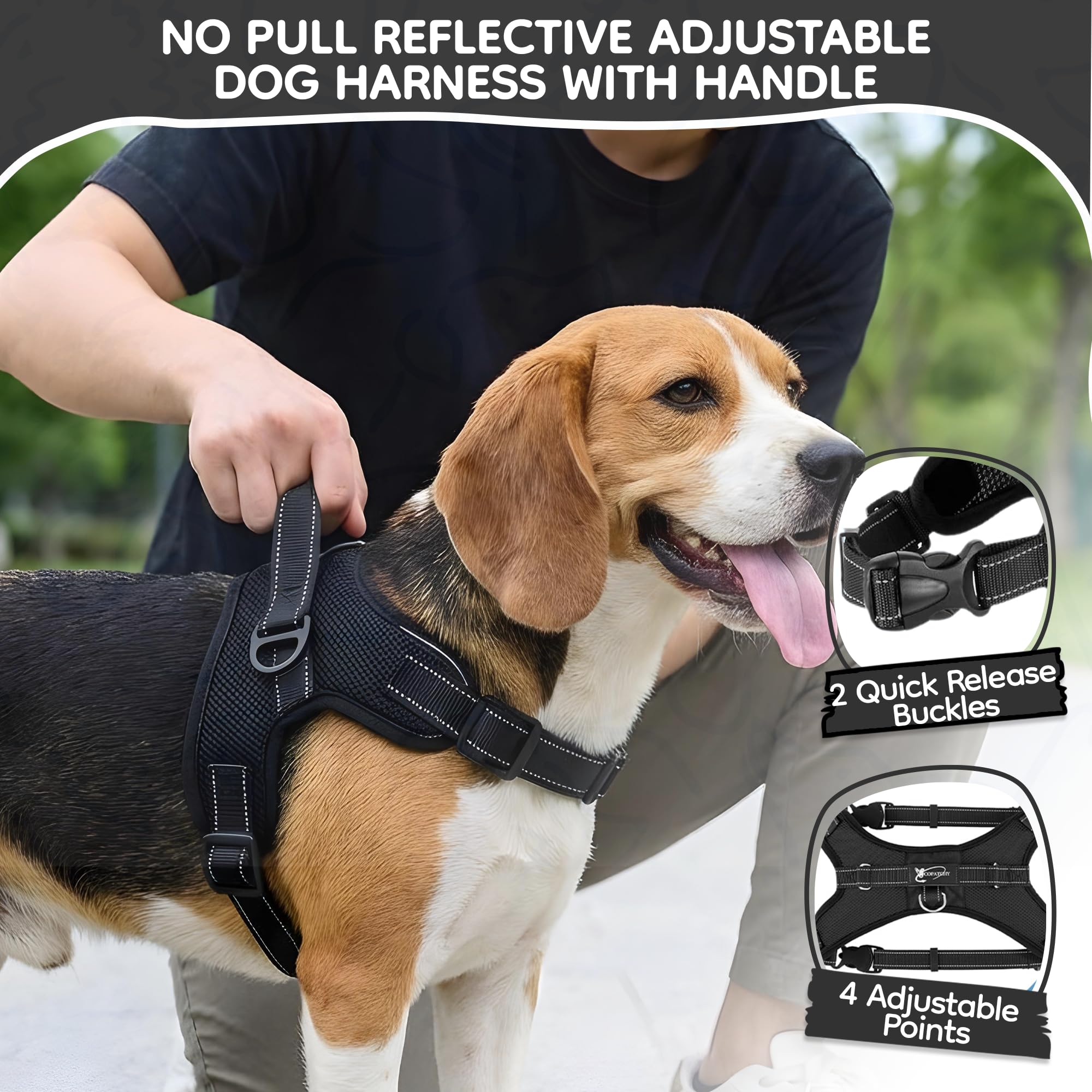 Copatchy No Pull Harness handle closeup highlights top control handle.
