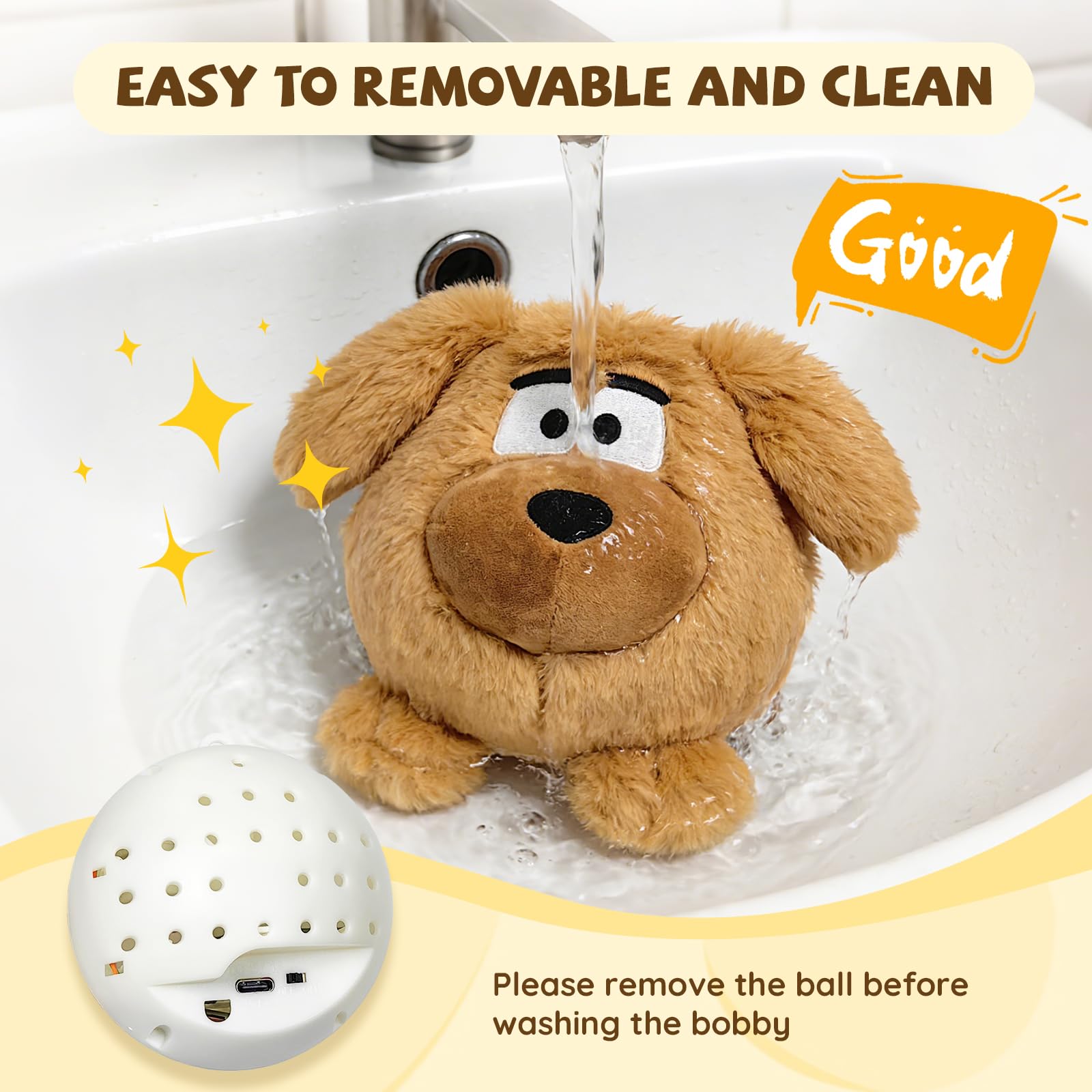 COPHCY Moving Dog Ball soft plush cover detail ready for washing.