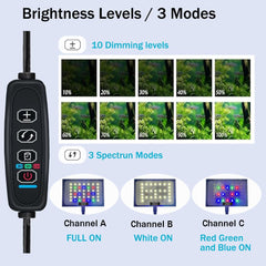Corals Chat aquarium light in three mode setup enhances tank color and clarity.