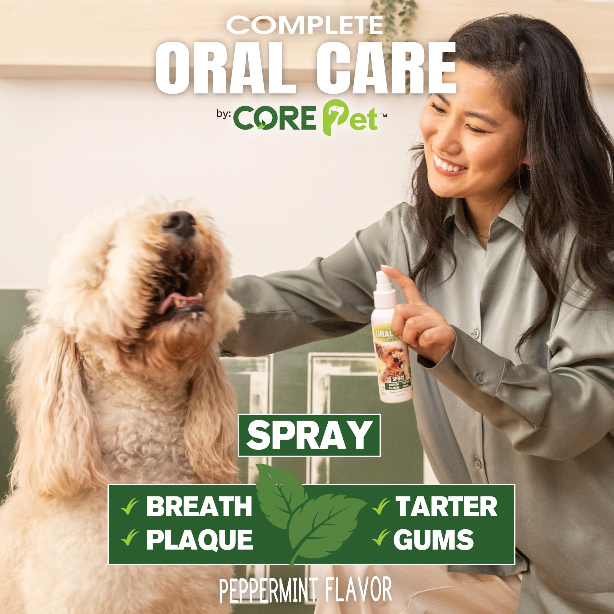 CORE Pet Complete Oral Care spray action demonstrates brush-free daily use.