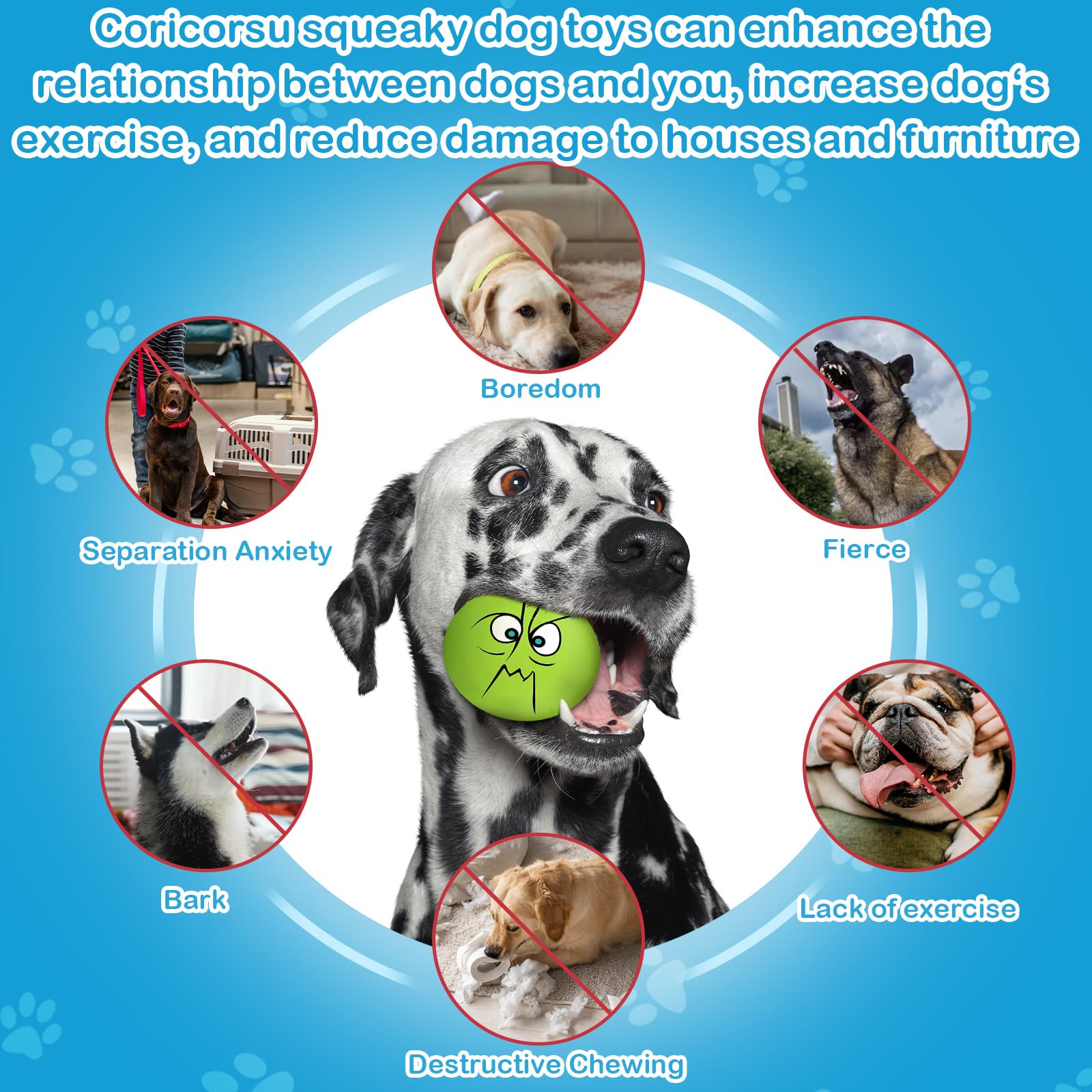 Coricorsu colorful smile-face ball keeps dogs engaged at home.