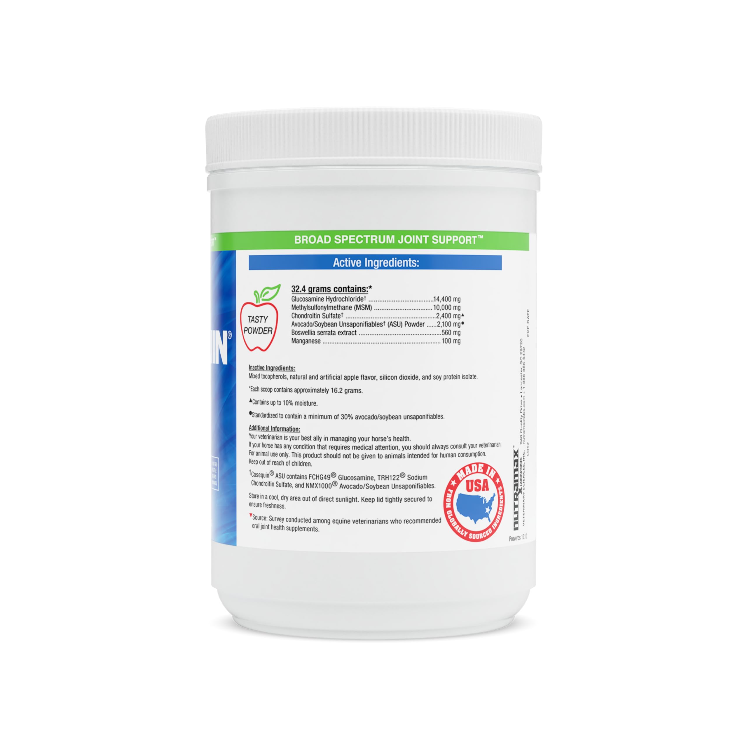 Cosequin ASU 500g tub showcases clean packaging for easy daily dosing