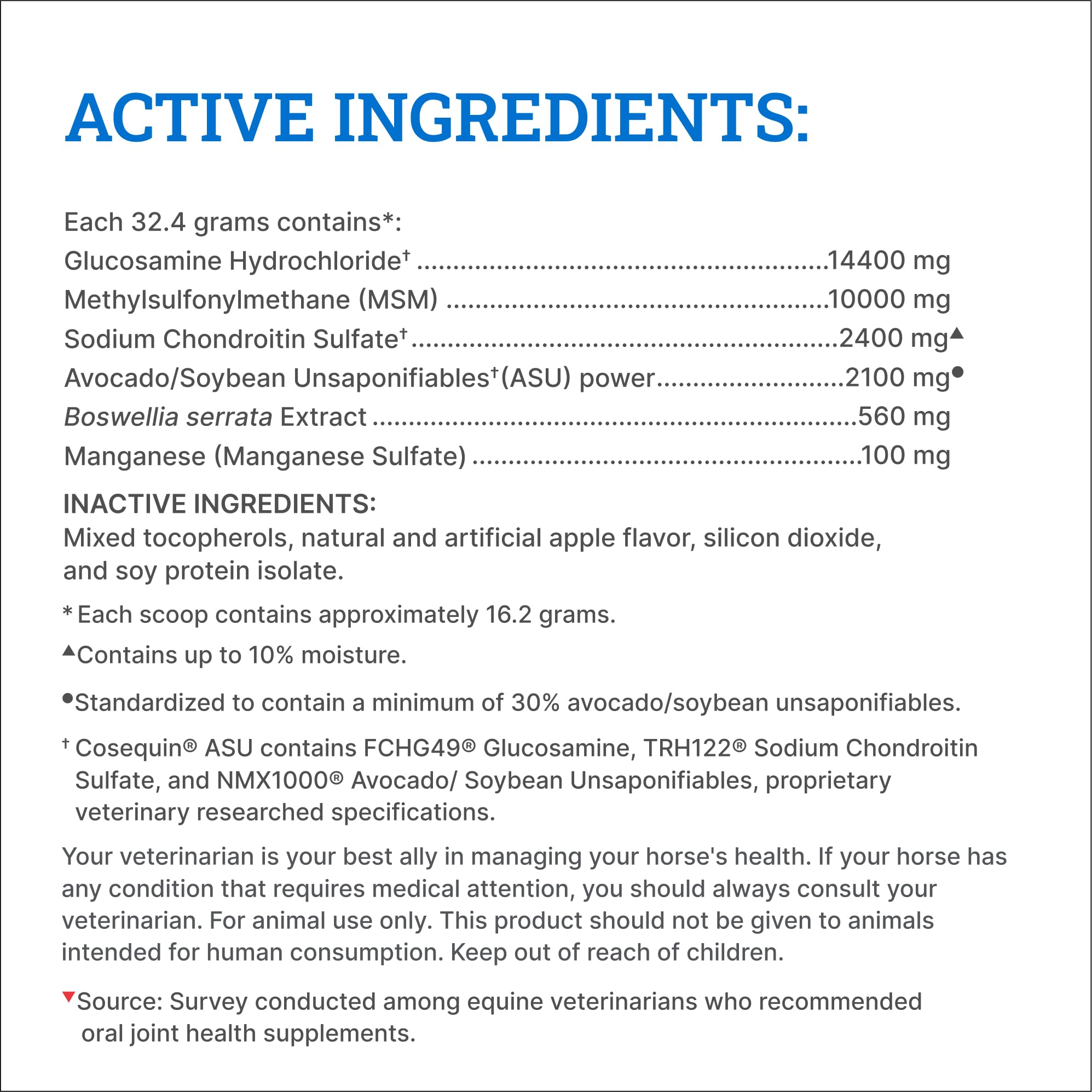 Cosequin ASU horse label shows glucosamine, chondroitin, MSM, and ASU benefits.