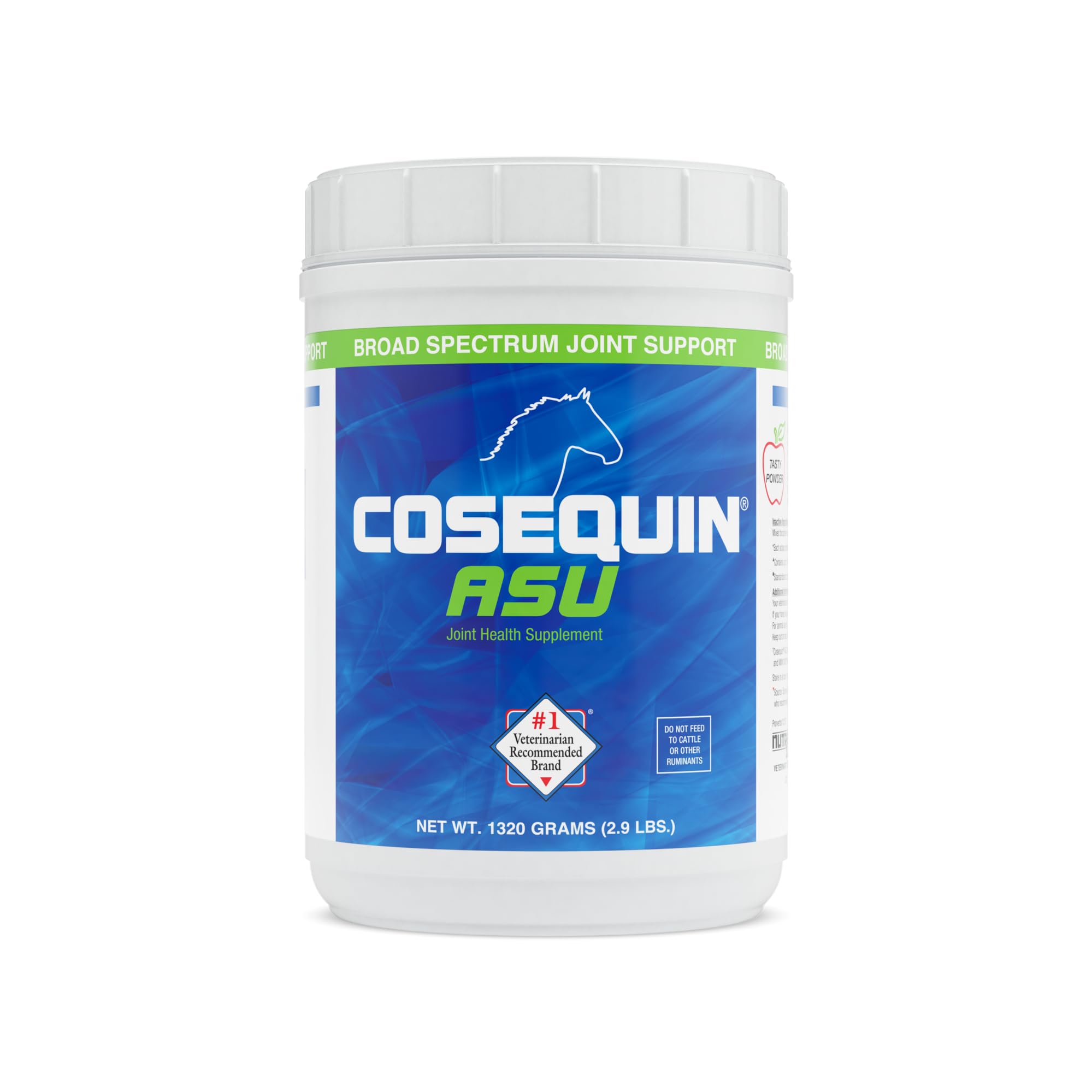 Cosequin ASU horse powder container shows joint support for athletic horses.