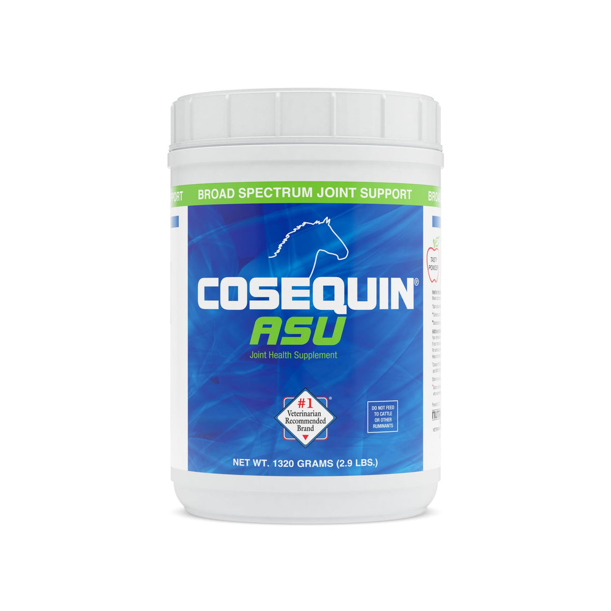 Cosequin ASU horse powder container shows joint support for athletic horses.