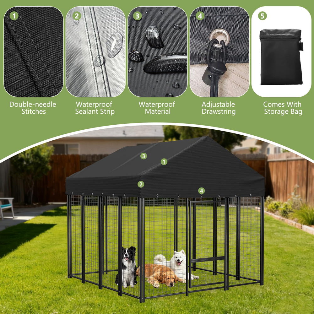 COSHNIBI roof cover uses elastic straps to secure the kennel against wind