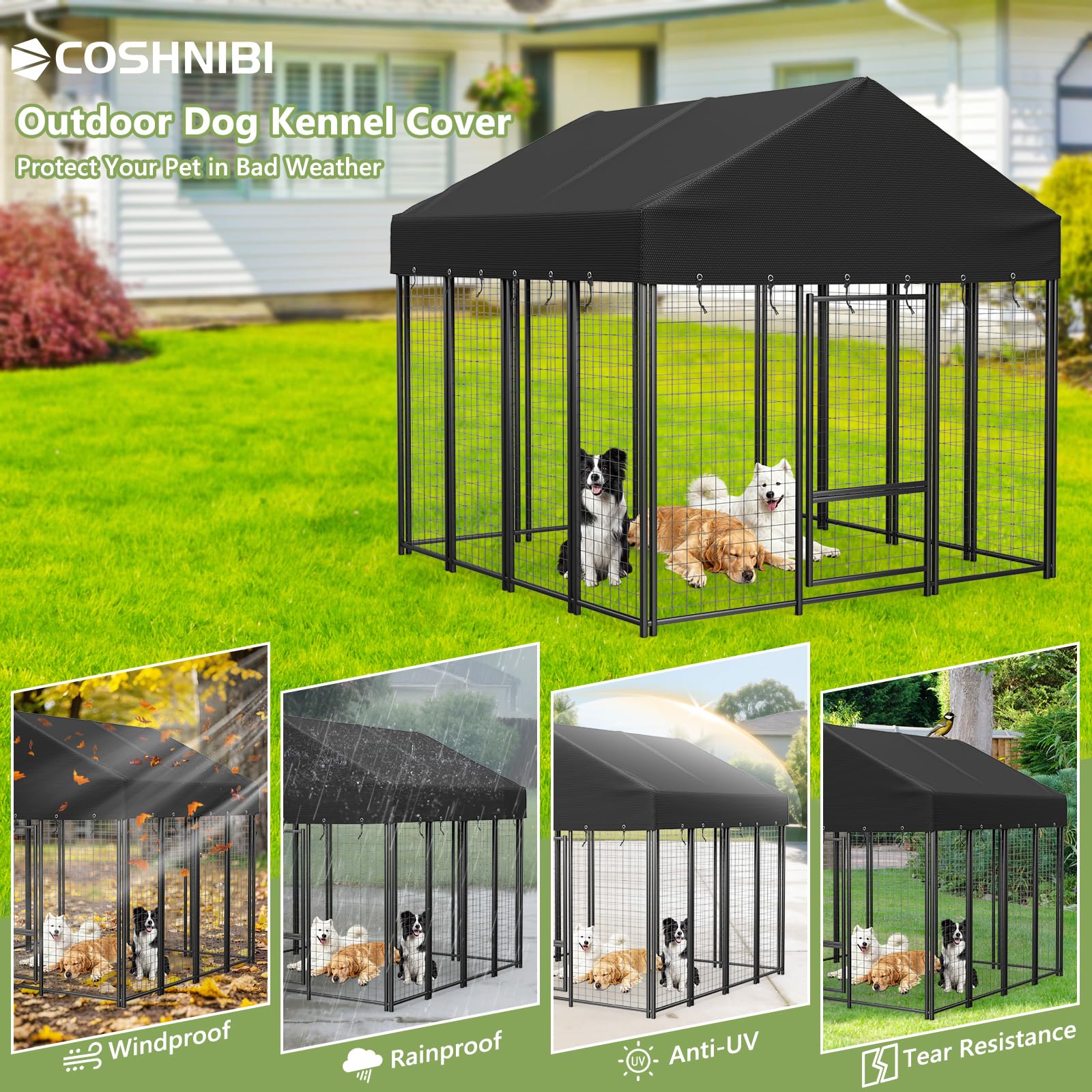 COSHNIBI heavy-duty kennel roof cover helps shield from rain, wind and snow
