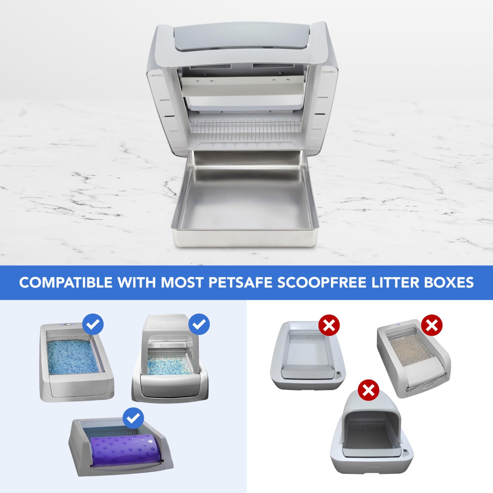 COSPARX stainless steel litter tray side view demonstrates secure fit with PetSafe boxes