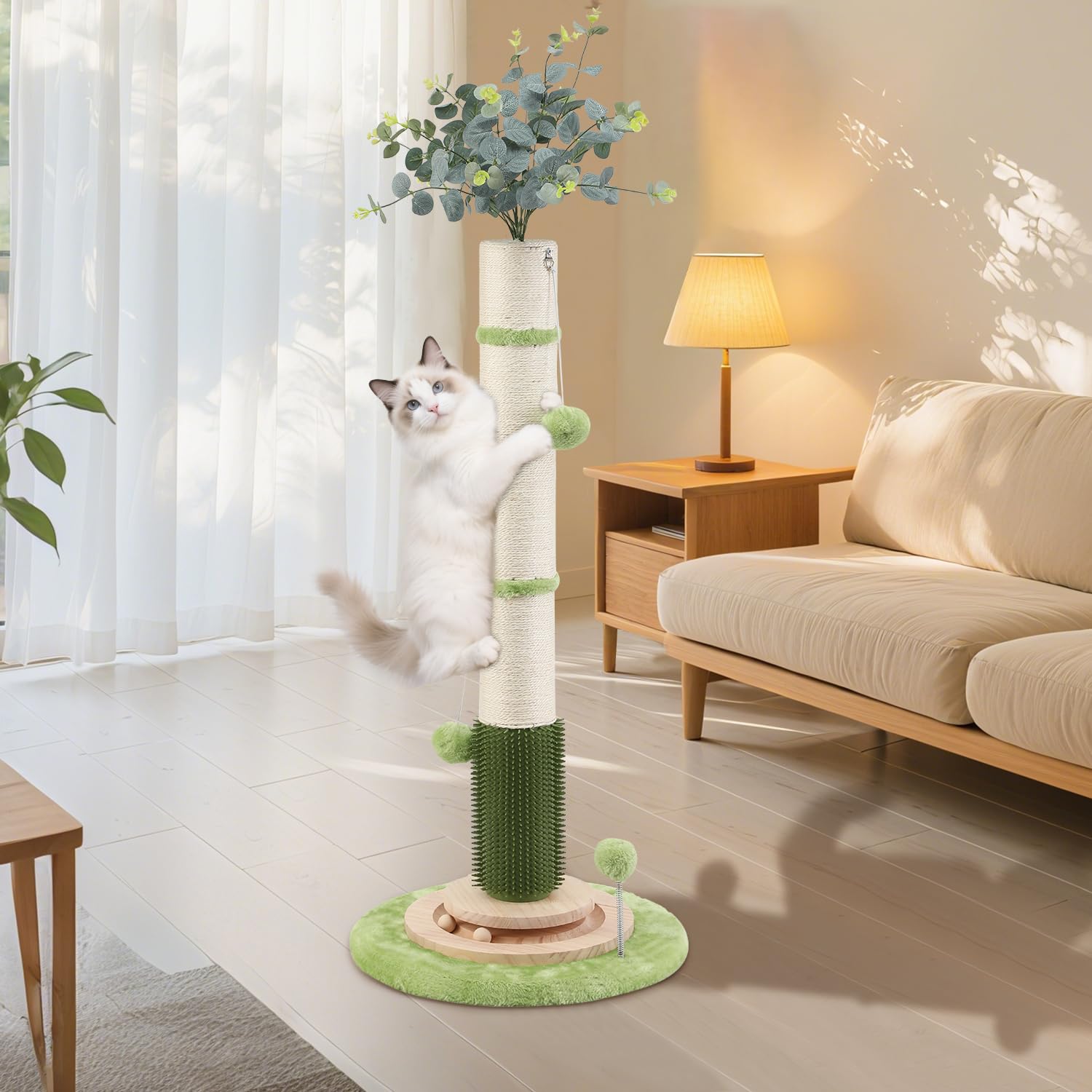 COUNTER 4-in-1 activity center supports scratching, playing, grooming.