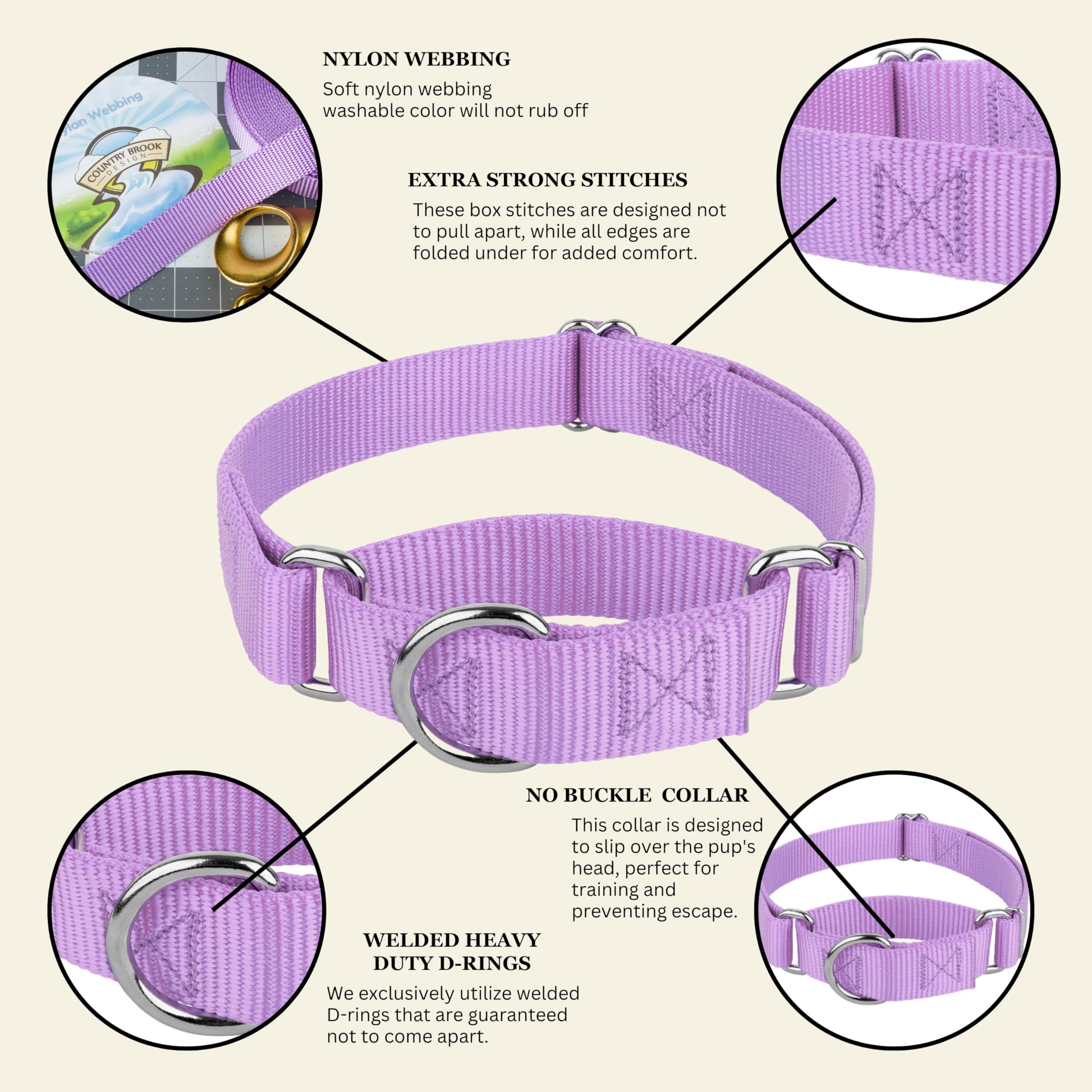 Country Brook Petz Lavender martingale collar adds stylish visibility on walks.