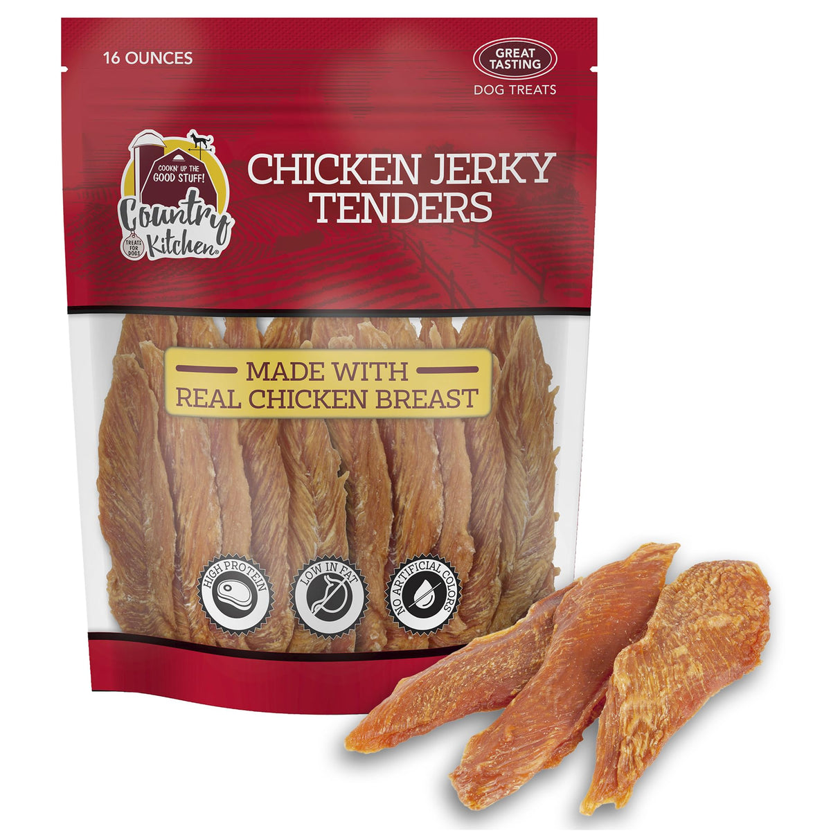 Country Kitchen Chicken Jerky Tenders bag front highlighting real chicken protein for active dogs.