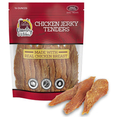 Country Kitchen Chicken Jerky Tenders bag front highlighting real chicken protein for active dogs.