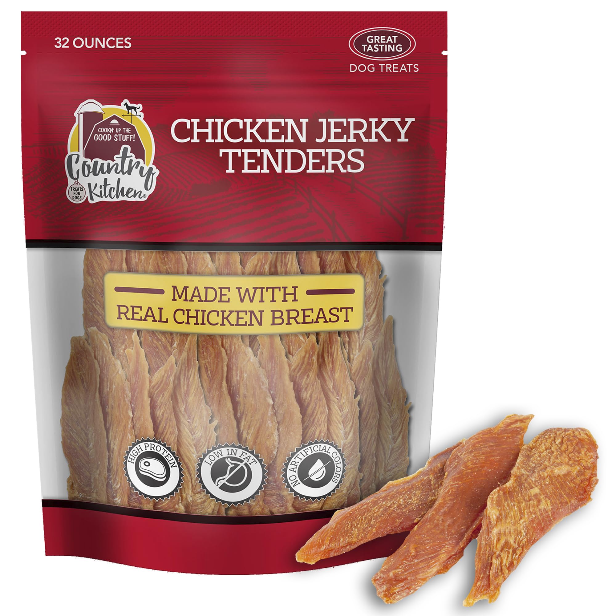 Country Kitchen Chicken Jerky Tenders packshot highlighting real chicken and protein