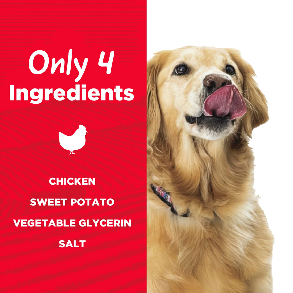 Country Kitchen Chicken & Sweet Potato Jerky Tenders dog reward shot emphasizing protein-rich snack
